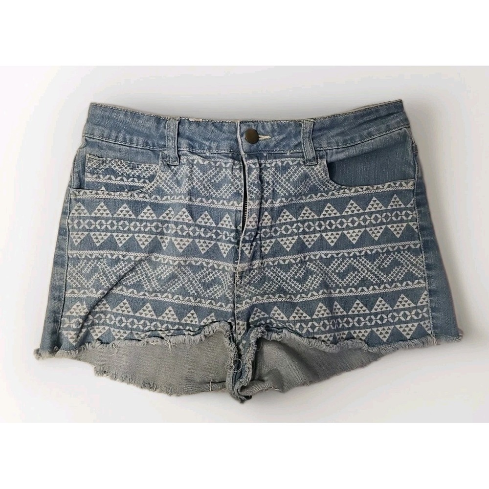 Cut Off Geo Print Blue Denim Shorty Shorts 30"x2" Womens Coastal Cowgirl #153
